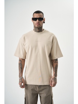 Erkek Da Vinci Baskılı Oversize T-Shirt Bej