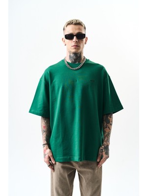 Erkek Respire Yazı Detaylı Oversize T-Shirt Nefti