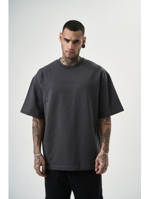 Erkek Da Vinci Baskılı Oversize T-Shirt Füme