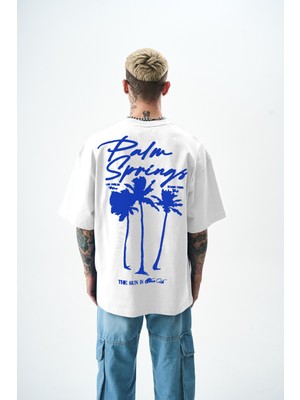 Respire Erkek Palm Baskılı Oversize T-Shirt Beyaz