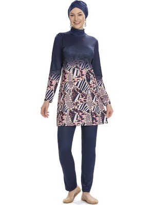 Kadın Lacivert Pembe Desenli Uzun Kollu Tesettür Mayo HZL25S-AR271/02