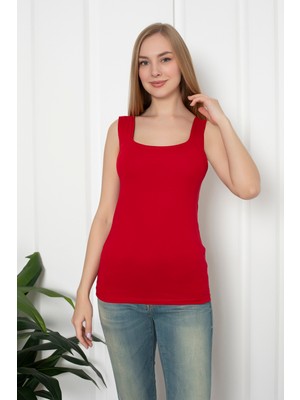 Kırmızı Renkli Penye Kumaş Geniş Askılı Basic T-Shirt / Bluz