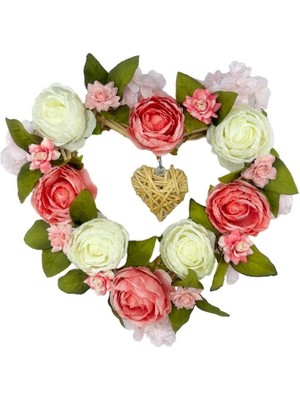 Nettenevime Yapay Çiçek Hasır Kalp Kapı Süsü Pembe Beyaz Şakayık