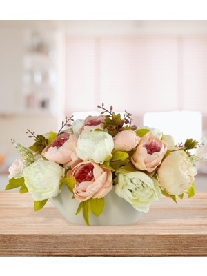 Yapay Çiçek Aranjmanı Gondol Vazoda Pembe Krem Beyaz Tonlarında Marsilya Gülü Şakayık Çiçekleri