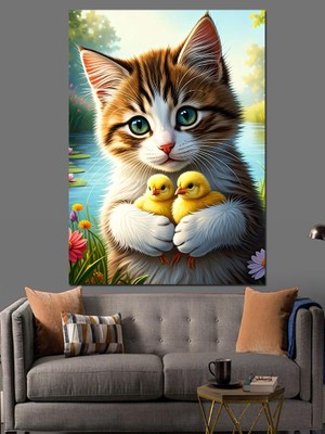 Kedi ve Civcivler Dekoratif Kanvas - Mdf Ahşap Tablo