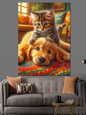Kediler ve Köpek Dekoratif Kanvas - Mdf Ahşap Tablo