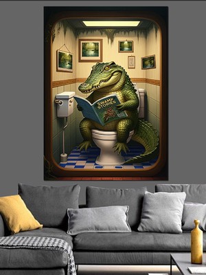 Tuvalette Timsah Dekoratif Kanvas - Mdf Ahşap Tablo