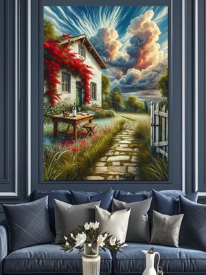 Taş Ev ve Bahçe Dekoratif Kanvas - Mdf Ahşap Tablo