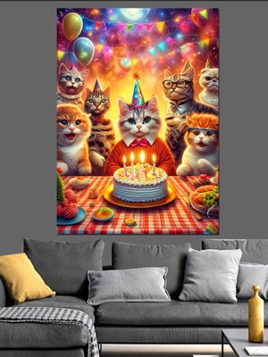 Kedi Doğum Günü Partisi Dekoratif Kanvas - Mdf Ahşap Tablo
