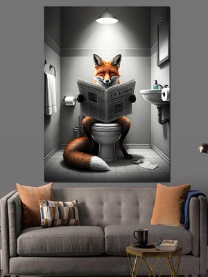 Tuvalette Tilki Dekoratif Kanvas - Mdf Ahşap Tablo