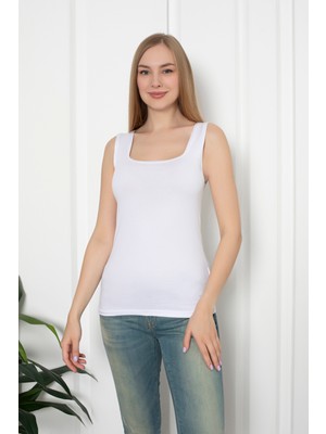 Beyaz Renkli Penye Kumaş Geniş Askılı Basic T-Shirt / Bluz