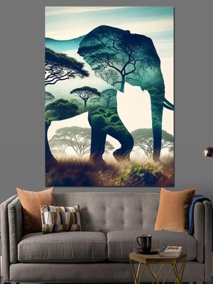 Afrika Manzarasında Fil Dekoratif Kanvas - Mdf Ahşap Tablo