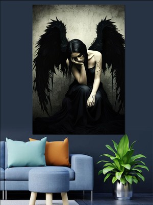 Siyah Melek Dekoratif Kanvas - Mdf Ahşap Tablo