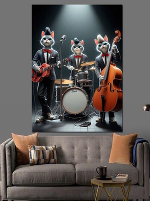 Kedi Orkestrası Dekoratif Kanvas - Mdf Ahşap Tablo