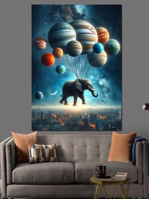 Gezegenlerin Yanında Yürüyen Fil Dekoratif Kanvas - Mdf Ahşap Tablo