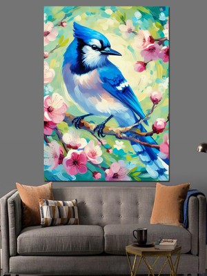 Çiçekler Arasında Mavi Kuş Dekoratif Kanvas - Mdf Ahşap Tablo