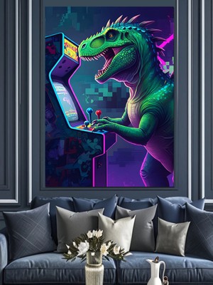 Oyun Makinesi Dinozor Dekoratif Kanvas - Mdf Ahşap Tablo