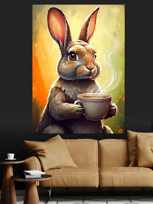Çay Içen Tavşan Dekoratif Kanvas - Mdf Ahşap Tablo