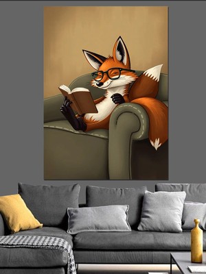 Kitap Okuyan Tilki Çizimi Dekoratif Kanvas - Mdf Ahşap Tablo
