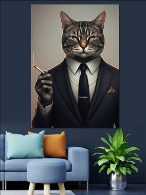 Sigara Kedi Dekoratif Kanvas - Mdf Ahşap Tablo