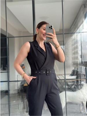 Kadın Dokuma Kumaş Kruvaze Yaka Kemerli Sıfır Kol Tulum