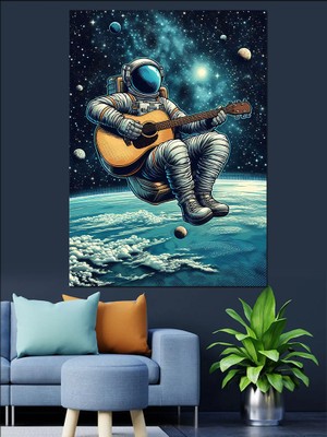 Uzayda Gitar Çalan Astronot Dekoratif Kanvas - Mdf Ahşap Tablo