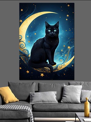 Ay ve Yıldızların Altında Kara Kedi Dekoratif Kanvas - Mdf Ahşap Tablo