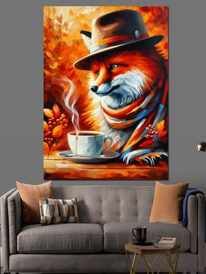 Şapkalı Tilki ve Kahve Dekoratif Kanvas - Mdf Ahşap Tablo