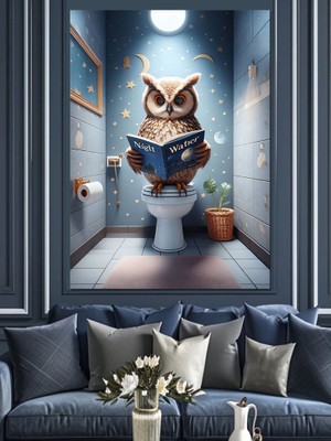 Tuvalette Baykuş Dekoratif Kanvas - Mdf Ahşap Tablo