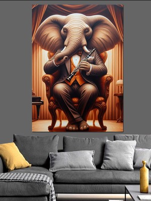 Klarnet Çalan Fil Dekoratif Kanvas - Mdf Ahşap Tablo