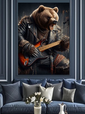 Gitar Çalan Deri Ceketli Ayı Dekoratif Kanvas - Mdf Ahşap Tablo