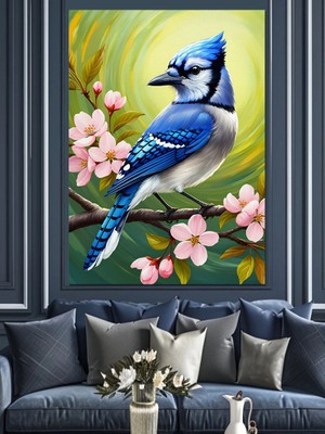 Çiçeklerin Arasında Mavi Kuş Dekoratif Kanvas - Mdf Ahşap Tablo