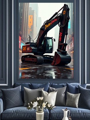 Yağmurlu Günde Ekskavatör Dekoratif Kanvas - Mdf Ahşap Tablo