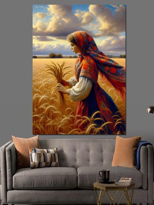 Buğday Tarlasında Kadın Dekoratif Kanvas - Mdf Ahşap Tablo
