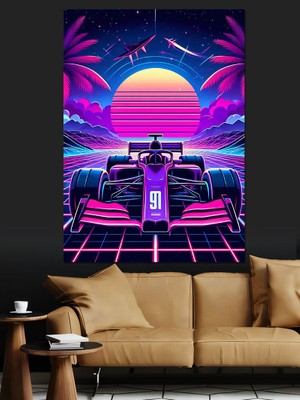 Neon Yarış Arabası Dekoratif Kanvas - Mdf Ahşap Tablo