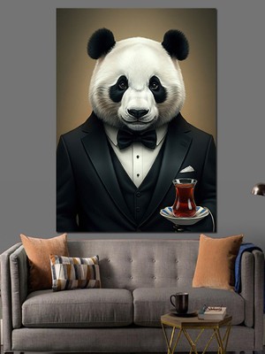 Papyonlu Panda ve Çay Dekoratif Kanvas - Mdf Ahşap Tablo