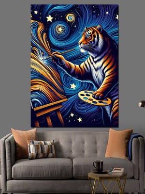Yıldızlı Gece Kaplanı Dekoratif Kanvas - Mdf Ahşap Tablo