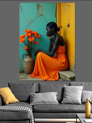 Turuncu Elbiseli Kadın Çiçekle Dekoratif Kanvas - Mdf Ahşap Tablo