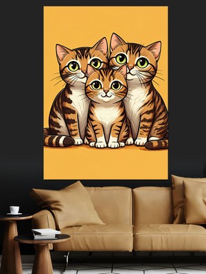 Yan Yana Üç Kedi Dekoratif Kanvas - Mdf Ahşap Tablo