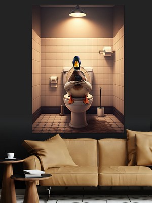 Tuvaletteki Ördek Dekoratif Kanvas - Mdf Ahşap Tablo