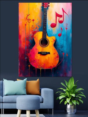 Renkli Gitar Dekoratif Kanvas - Mdf Ahşap Tablo