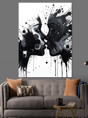 Siyah Beyaz Öpücük Dekoratif Kanvas - Mdf Ahşap Tablo
