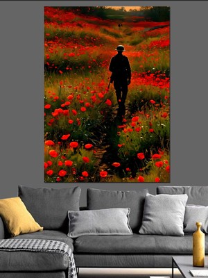 Gelincik Tarlasında Asker Dekoratif Kanvas - Mdf Ahşap Tablo