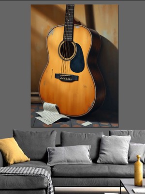 Ahşap Akustik Gitar Dekoratif Kanvas - Mdf Ahşap Tablo