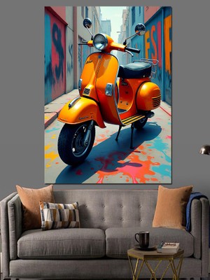 Turuncu Vespa Çizimi Dekoratif Kanvas - Mdf Ahşap Tablo