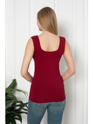 Bordo Renkli Penye Kumaş Geniş Askılı Basic T-Shirt / Bluz