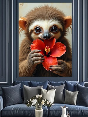 Çiçek Tutan Tembel Hayvan Dekoratif Kanvas - Mdf Ahşap Tablo