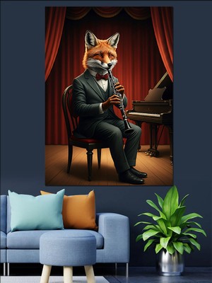 Klarnet Çalan Tilki Dekoratif Kanvas - Mdf Ahşap Tablo