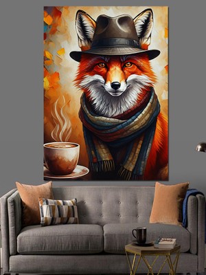 Kahve Içen Tilki Dekoratif Kanvas - Mdf Ahşap Tablo