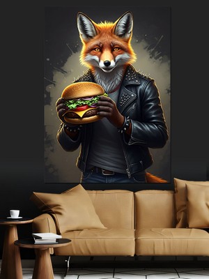 Hamburger Yiyen Tilki Dekoratif Kanvas - Mdf Ahşap Tablo